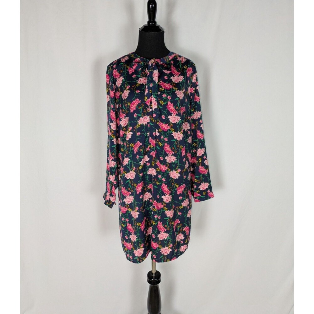 Old Navy M Floral Tie Neck Shift Dress Long Sleeve Navy Blue Hidden Placket